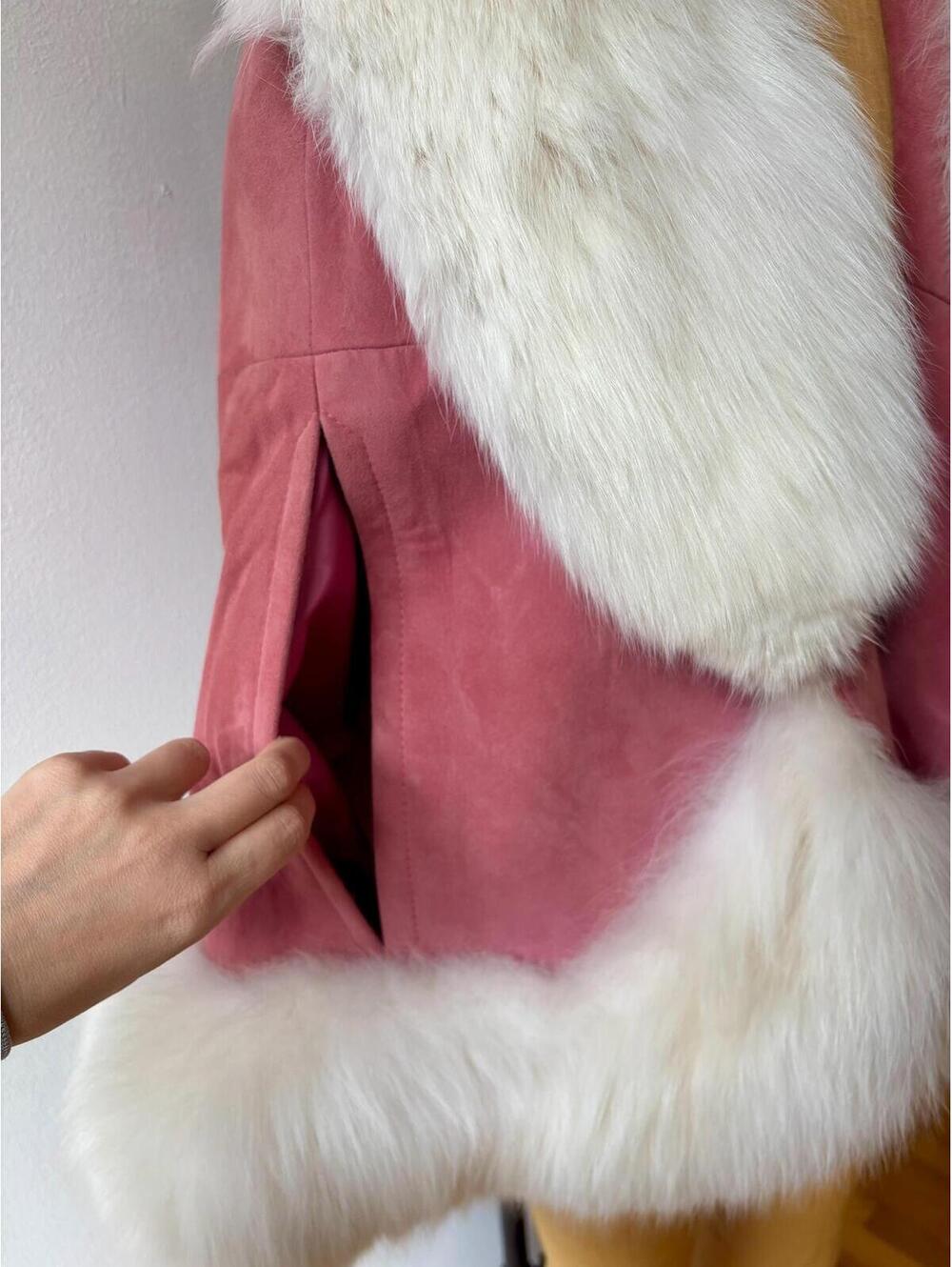 Vintage 1960s Pink Suede Fox Fur Collar Cape Coat Skirt Suit Ensemble - Picture 6 of 9